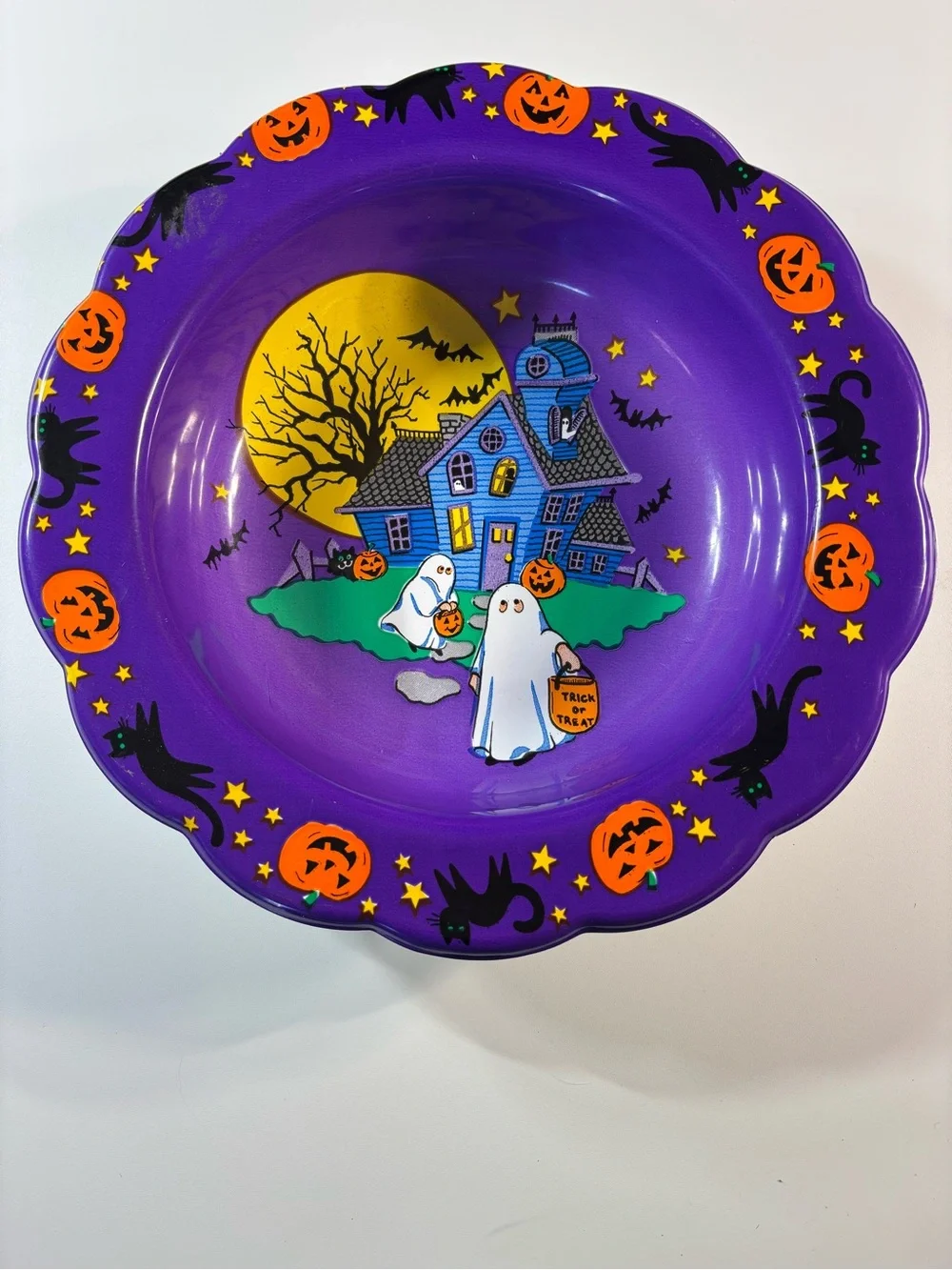 VTG LOT 1995 Halloween Purple Plastic Candy Bowls Pumpkin Haunted House Ghosts